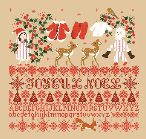 Grille point de croix de Perrette Samouïloff : habits du Père Noël avec rennes et abécédaire, 175x167 pts. Broderie festive rouge et blanc, toile bi ou couleur.