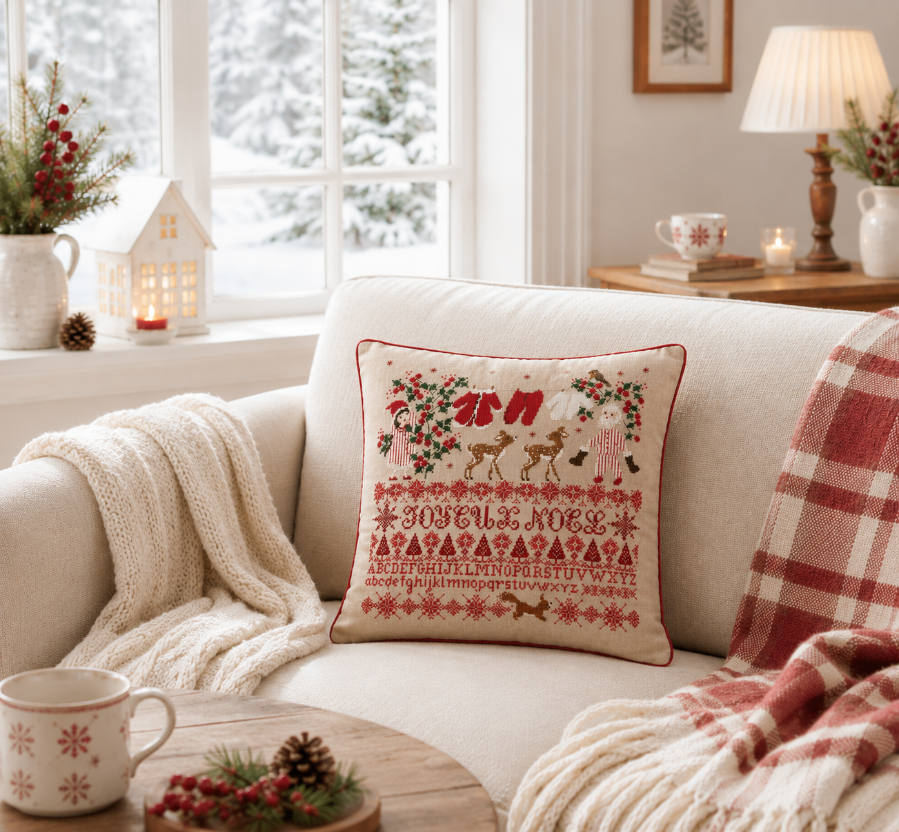 Grille point de croix de Perrette Samouïloff : habits du Père Noël avec rennes et abécédaire, 175x167 pts. Broderie festive rouge et blanc, toile bi ou couleur.
