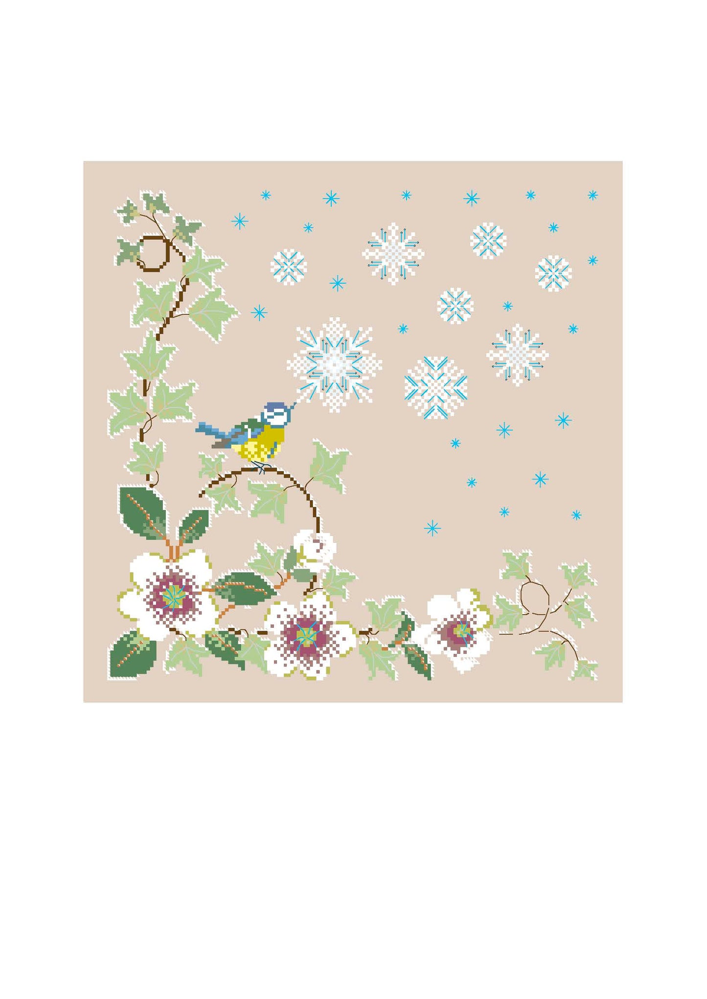 Grille point de croix de Perrette Samouïloff : mésange dans le lierre givré, 150x150 pts. Broderie hivernale poétique sur toile fond naturel.