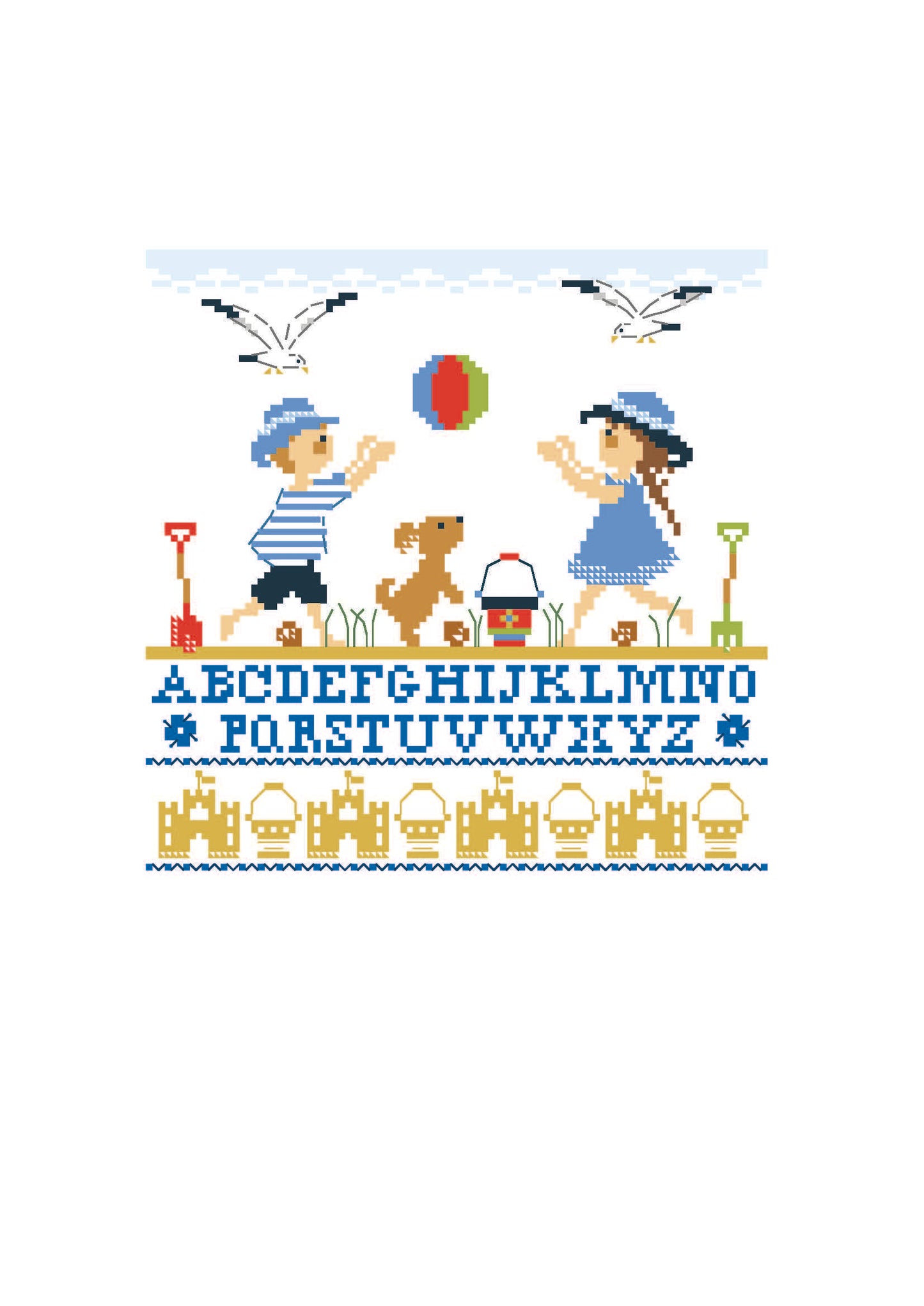 Grille point de croix représentant des enfants jouant sur la plage avec un abécédaire marin. Création de Perrette Samouiloff. 100 x 100 points, point de croix 2 brins.