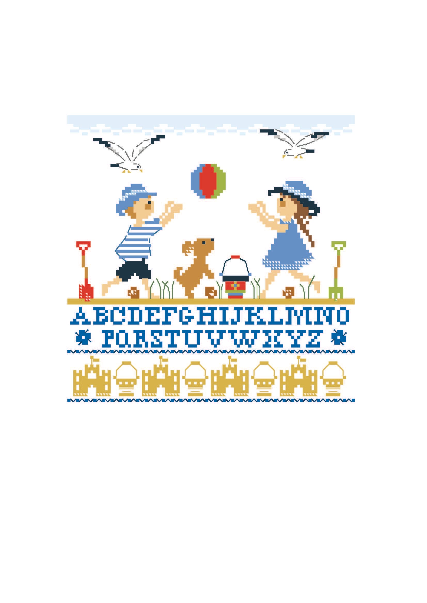 Grille point de croix représentant des enfants jouant sur la plage avec un abécédaire marin. Création de Perrette Samouiloff. 100 x 100 points, point de croix 2 brins.