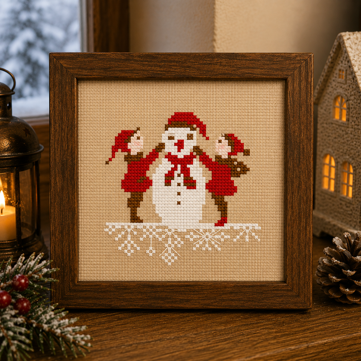 Kit point de croix complet : grille bonhomme de neige, toile Aïda, fils et aiguille inclus. 49×50 points. Idéal cadeau d'hiver.