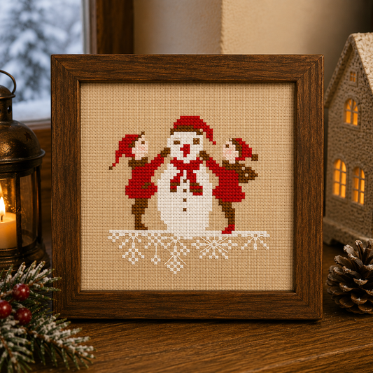 Kit point de croix complet : grille bonhomme de neige, toile Aïda, fils et aiguille inclus. 49×50 points. Idéal cadeau d'hiver.