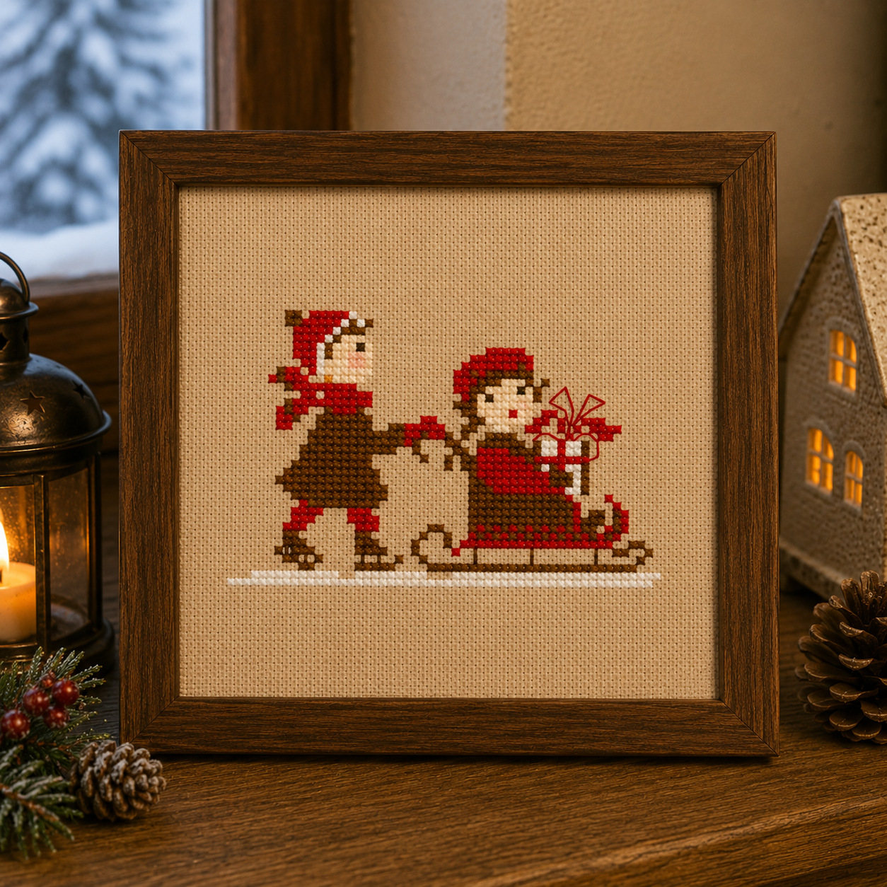 Kit point de croix complet : grille luge hivernale, toile Aïda, fils et aiguille inclus. 57×35 points. Idéal cadeau ou décoration d'hiver.