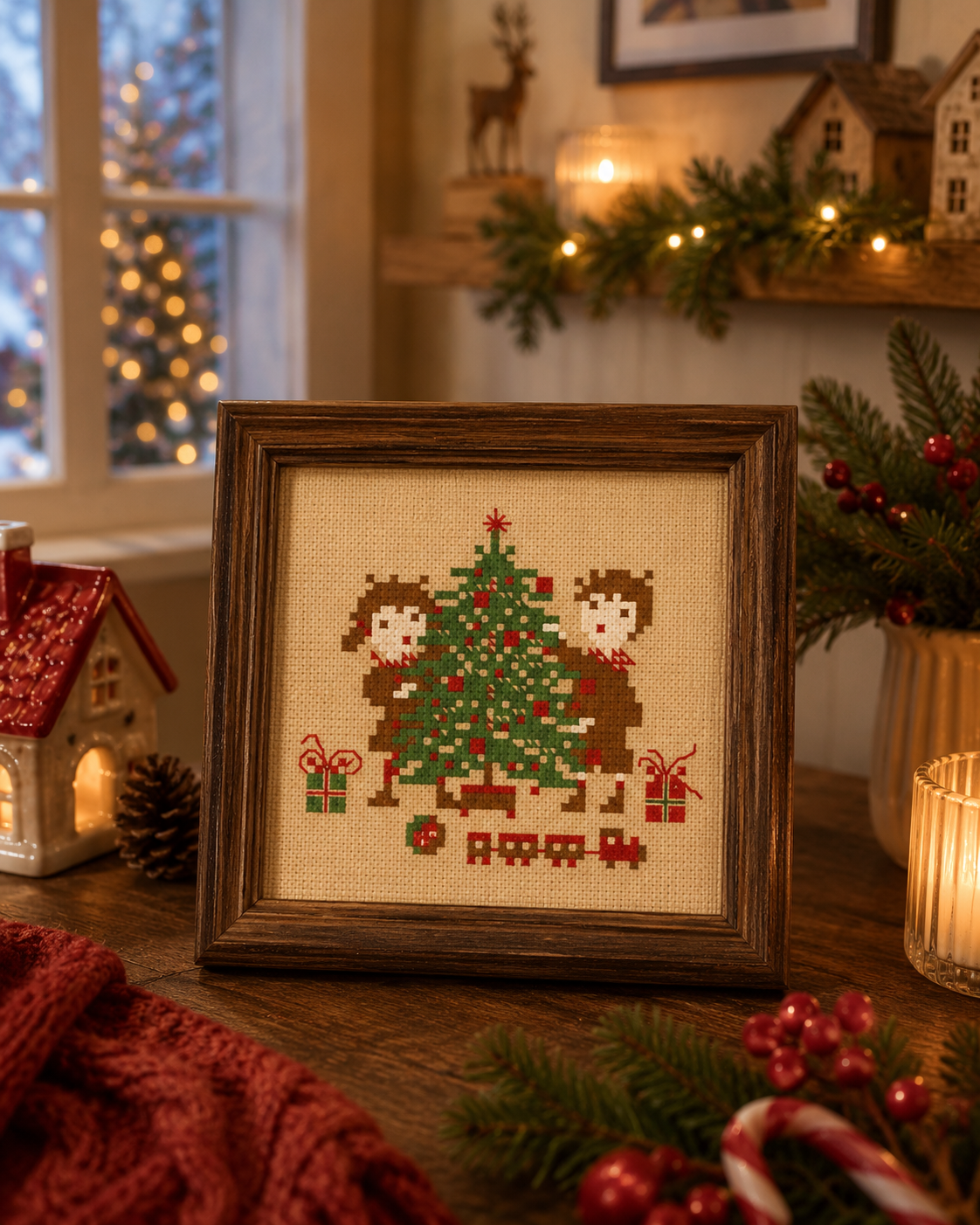 Kit point de croix complet : grille sapin de Noël, toile Aïda, fils et aiguille inclus. 53×46 points. Idéal cadeau de Noël.
