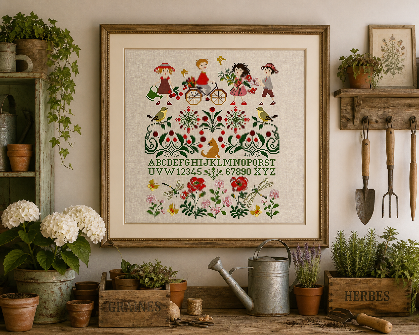 Grille point de croix sampler bucolique : enfants à vélo, fleurs et oiseaux dans la campagne estivale. Création de Perrette Samouiloff. 132 x 161 points, point de croix 2 brins.