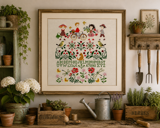 Grille point de croix sampler bucolique : enfants à vélo, fleurs et oiseaux dans la campagne estivale. Création de Perrette Samouiloff. 132 x 161 points, point de croix 2 brins.