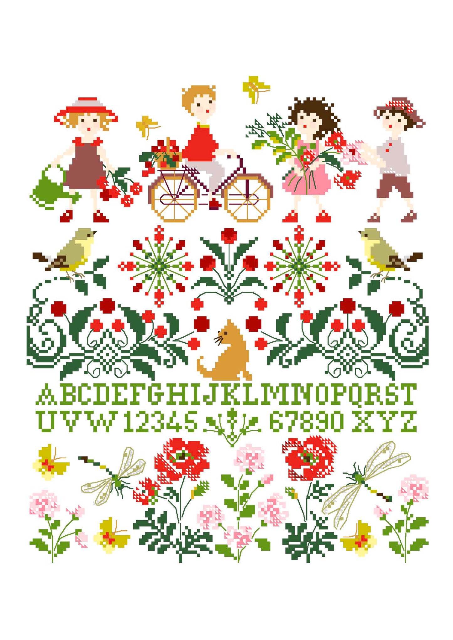 Grille point de croix sampler bucolique : enfants à vélo, fleurs et oiseaux dans la campagne estivale. Création de Perrette Samouiloff. 132 x 161 points, point de croix 2 brins.