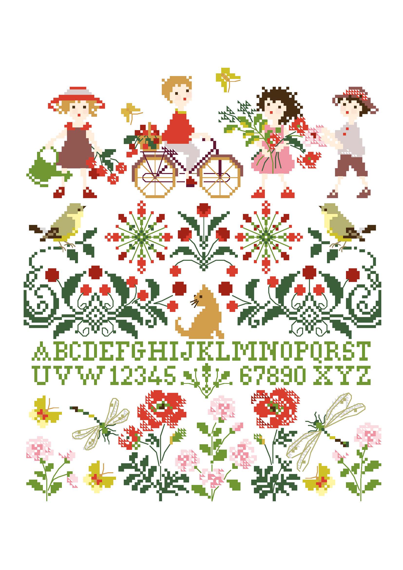 Grille point de croix sampler bucolique : enfants à vélo, fleurs et oiseaux dans la campagne estivale. Création de Perrette Samouiloff. 132 x 161 points, point de croix 2 brins.