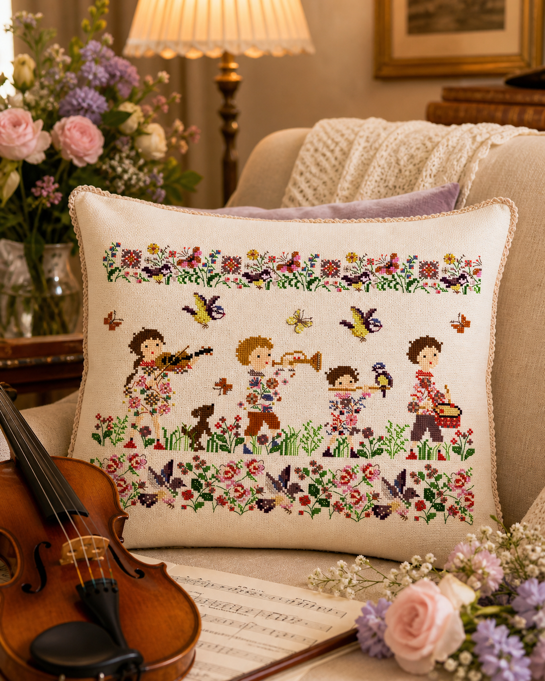 Grille point de croix La Farandole en Liberty de Perrette Samouiloff. Enfants en musique, 180x137 points, fleurs et papillons. À broder sur toile claire.