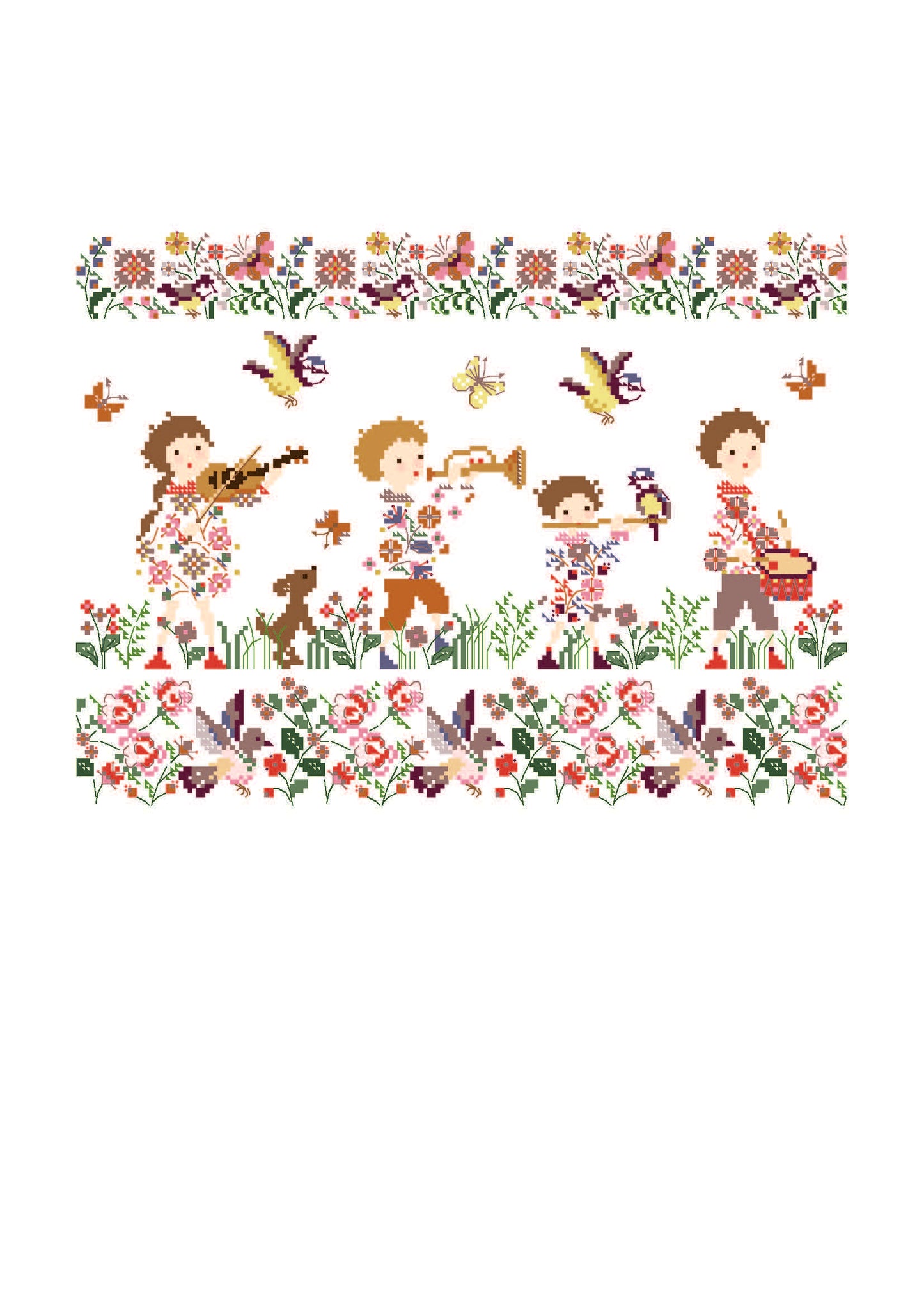 Grille point de croix La Farandole en Liberty de Perrette Samouiloff. Enfants en musique, 180x137 points, fleurs et papillons. À broder sur toile claire.