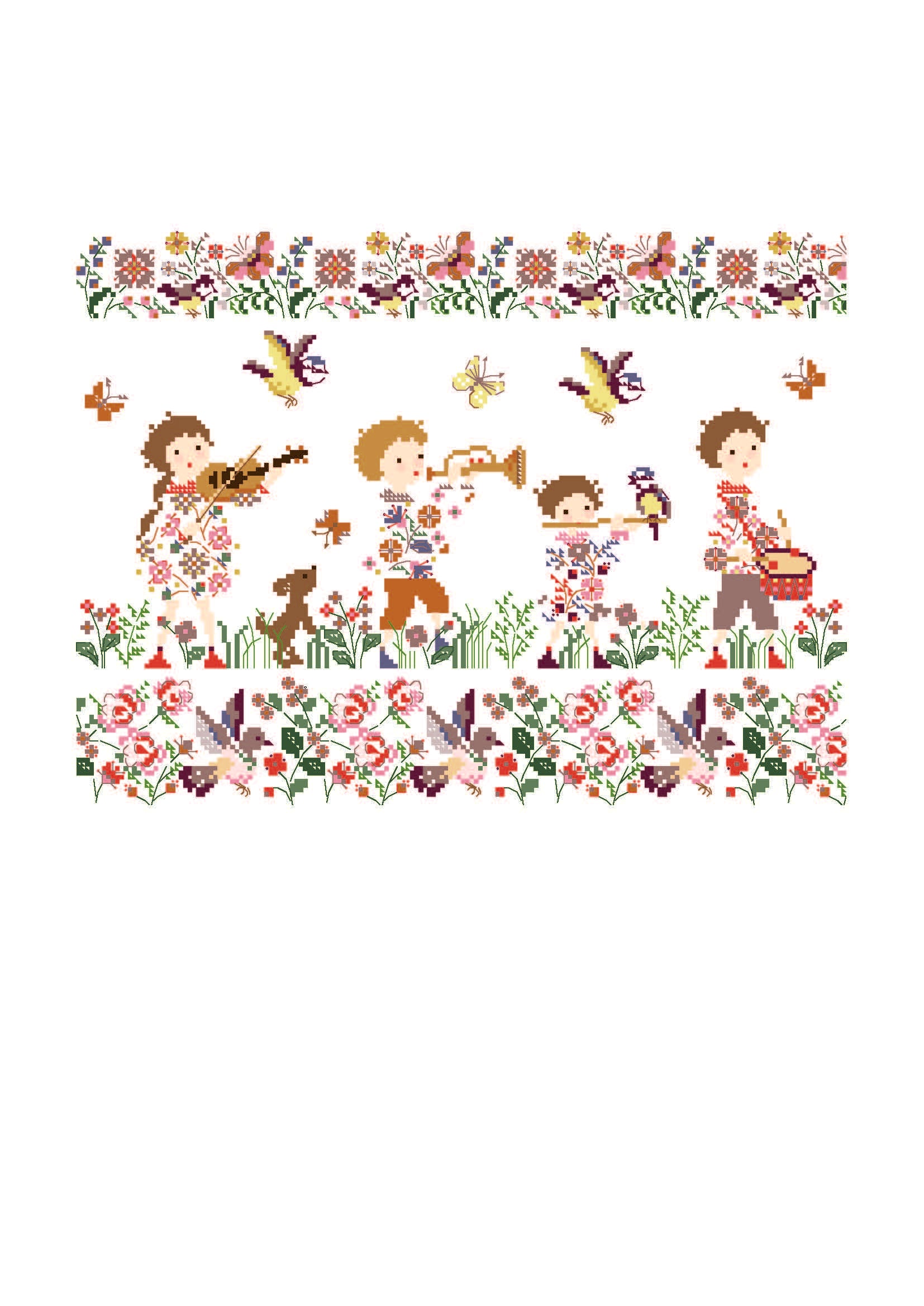 Grille point de croix La Farandole en Liberty de Perrette Samouiloff. Enfants en musique, 180x137 points, fleurs et papillons. À broder sur toile claire.