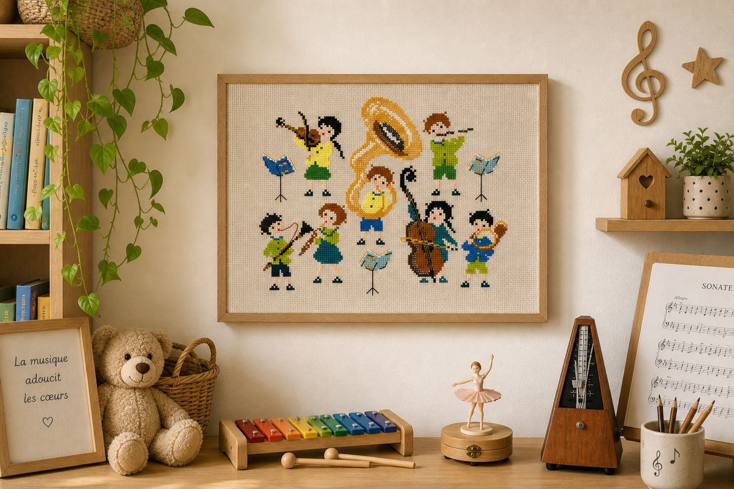 Grille point de croix La Symphonie des Petits de Perrette Samouiloff. Orchestre d'enfants 132x100 points, violon, flûte, tuba. À broder sur toile claire.