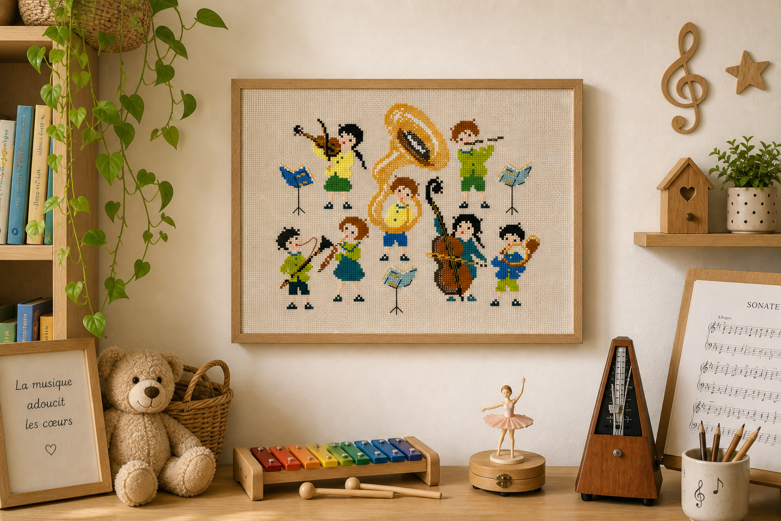 Grille point de croix La Symphonie des Petits de Perrette Samouiloff. Orchestre d'enfants 132x100 points, violon, flûte, tuba. À broder sur toile claire.