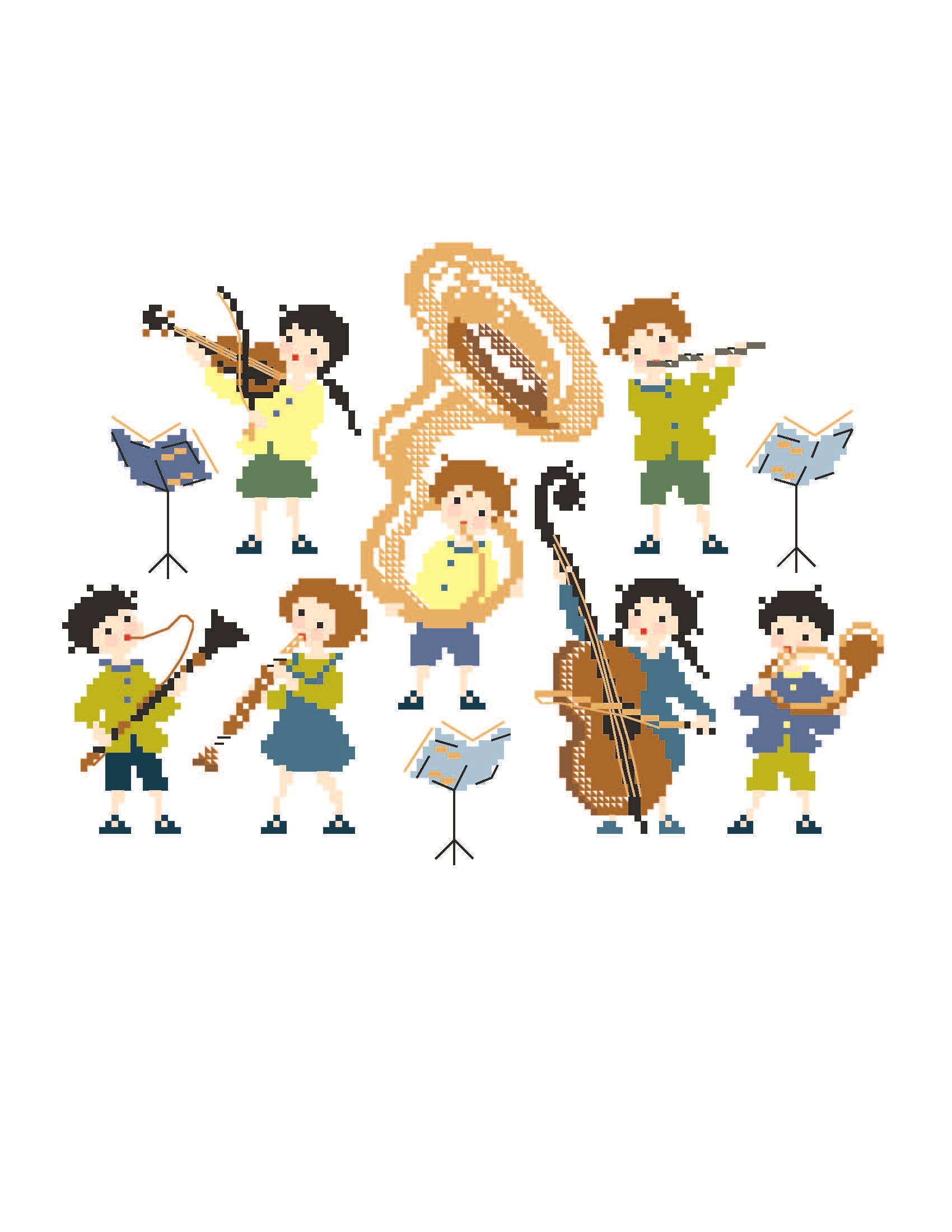Grille point de croix La Symphonie des Petits de Perrette Samouiloff. Orchestre d'enfants 132x100 points, violon, flûte, tuba. À broder sur toile claire.