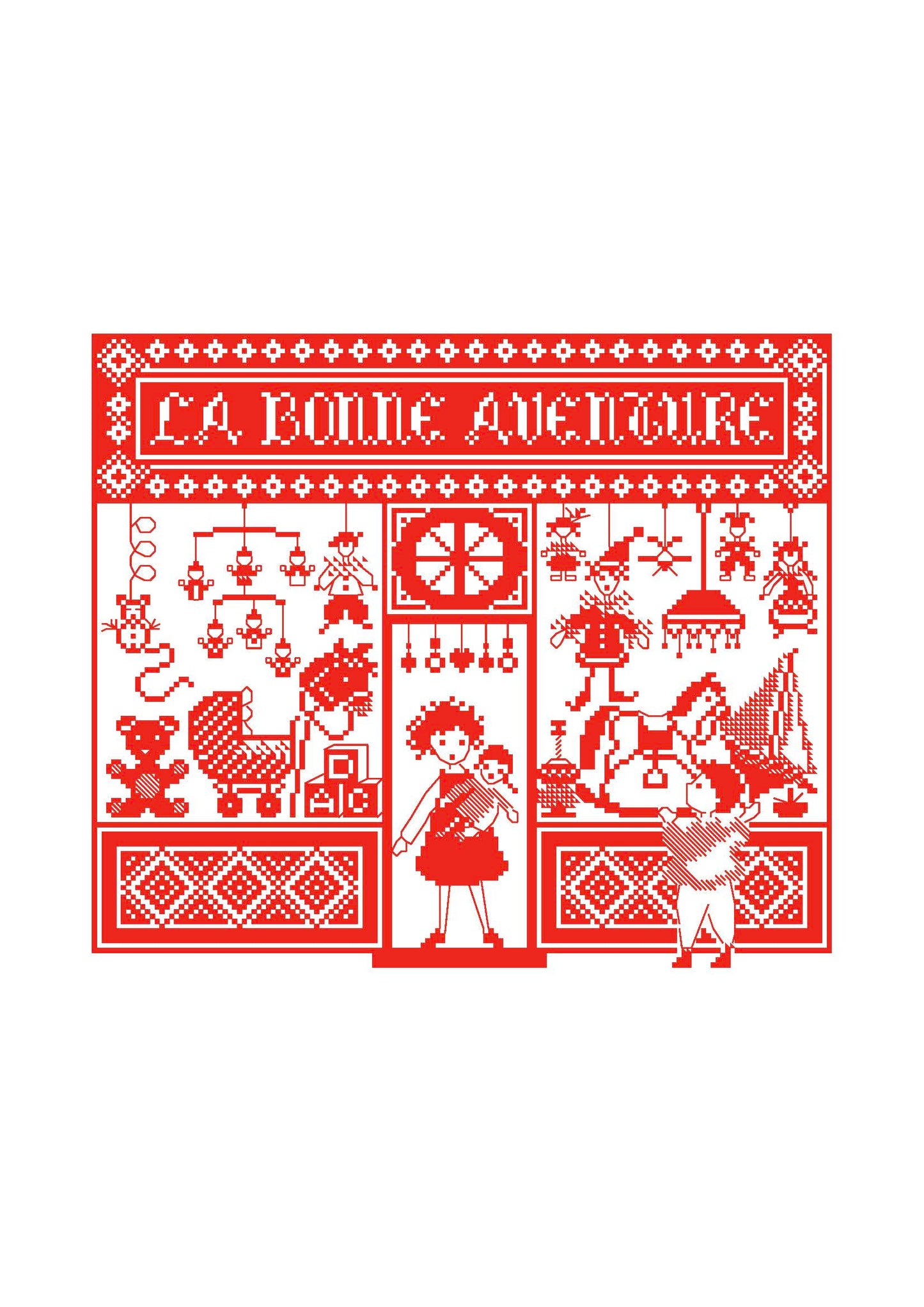 Grille point de croix de Perrette Samouïloff : vitrine de jouets nostalgique en rouge, 153x131 pts. Broderie monochrome idéale à offrir ou encadrer.