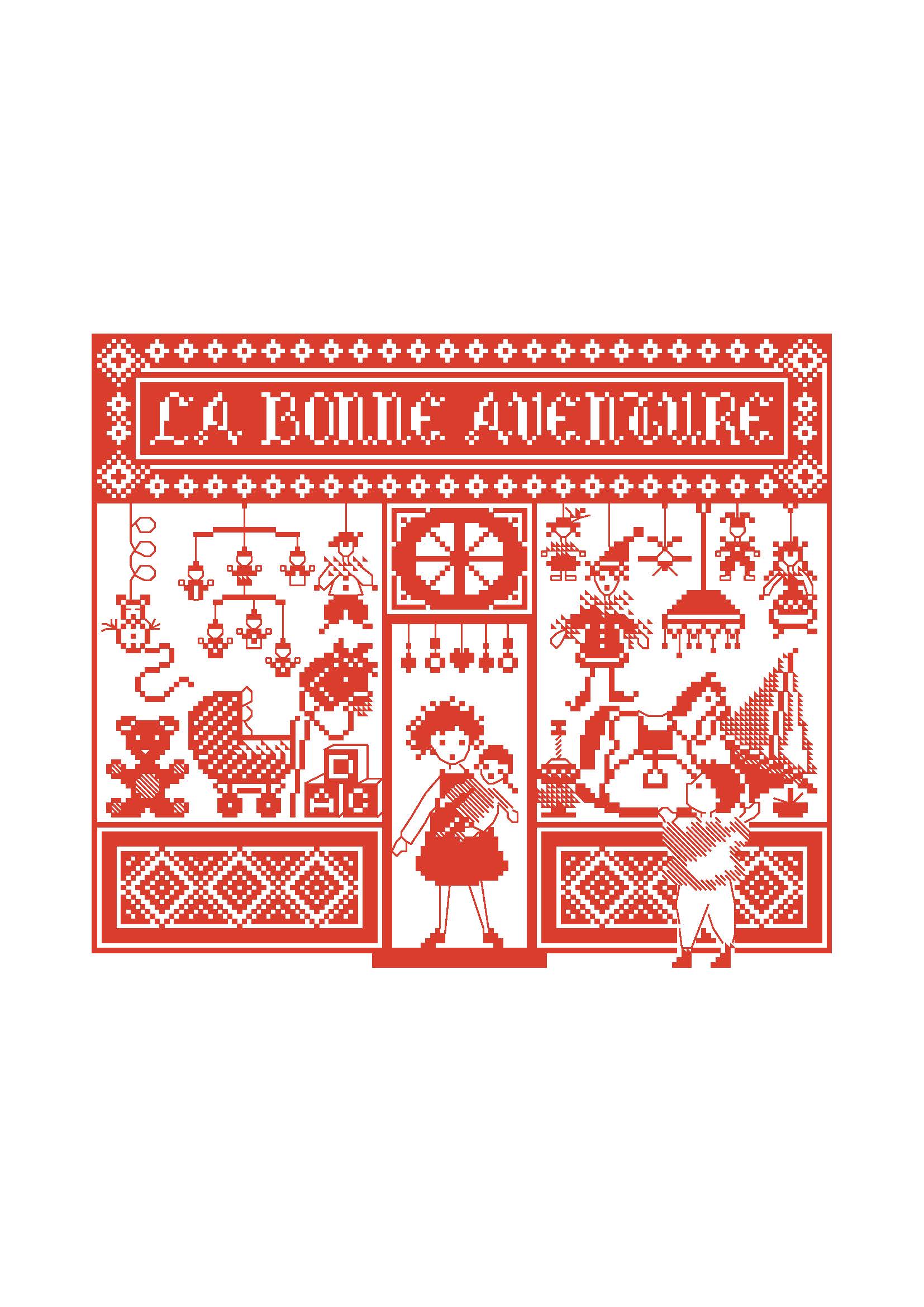 Grille point de croix de Perrette Samouïloff : vitrine de jouets nostalgique en rouge, 153x131 pts. Broderie monochrome idéale à offrir ou encadrer.