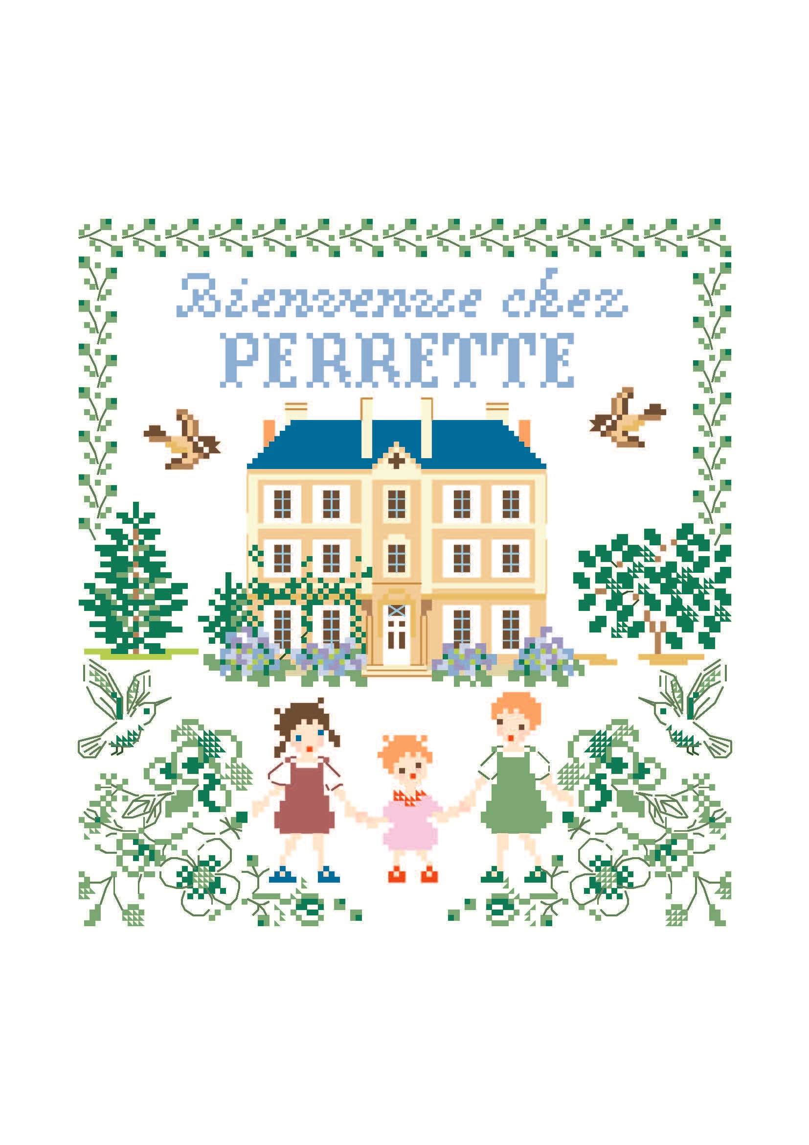Grille point de croix représentant la maison d'enfance de Perrette Samouiloff. Un modèle chargé de souvenirs et de nostalgie. 120 x 130 points, point de croix et point de piqûre.
