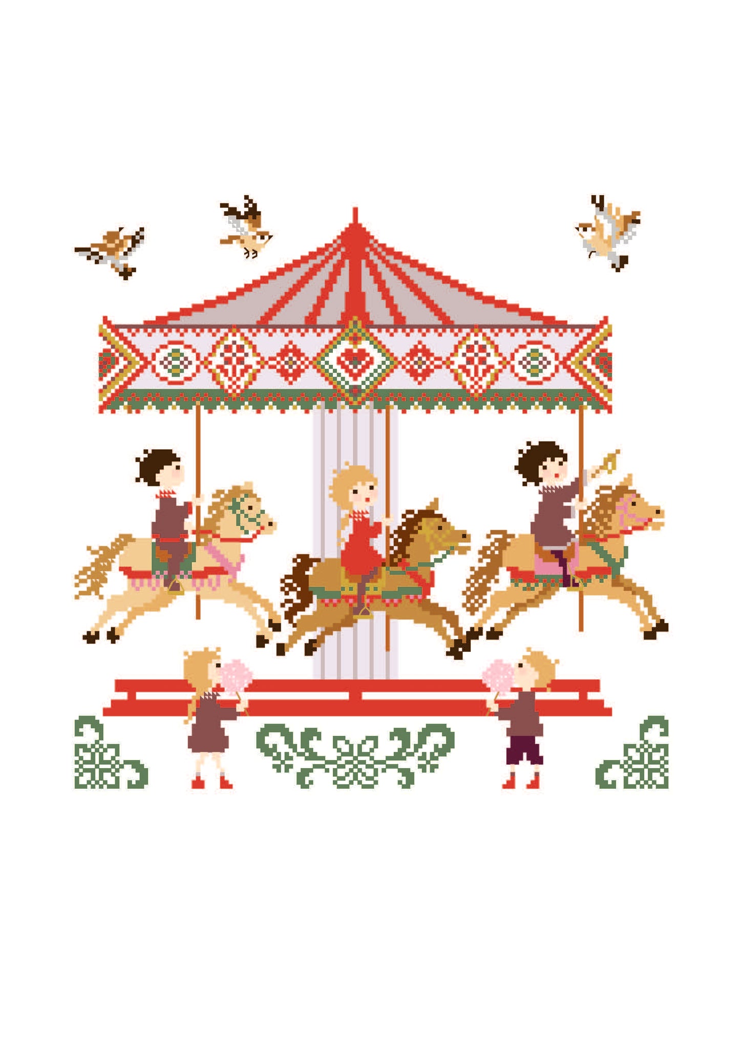 Grille point de croix représentant un carrousel rétro avec chevaux de bois et enfants émerveillés. Création de Perrette Samouiloff. 147 x 147 points, point de croix 2 brins.