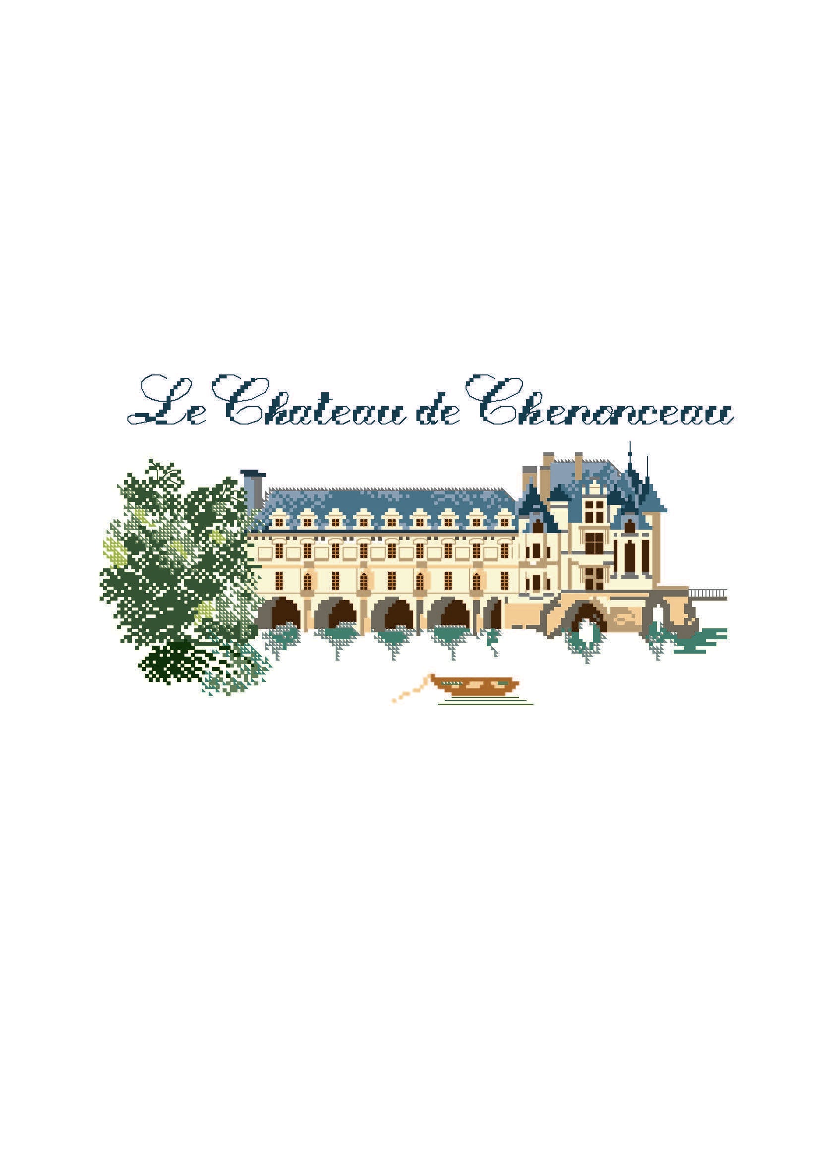 Grille point de croix représentant le Château de Chenonceau, joyau de la Renaissance française. Création de Perrette Samouiloff. 180 x 94 points, point de croix 2 brins.