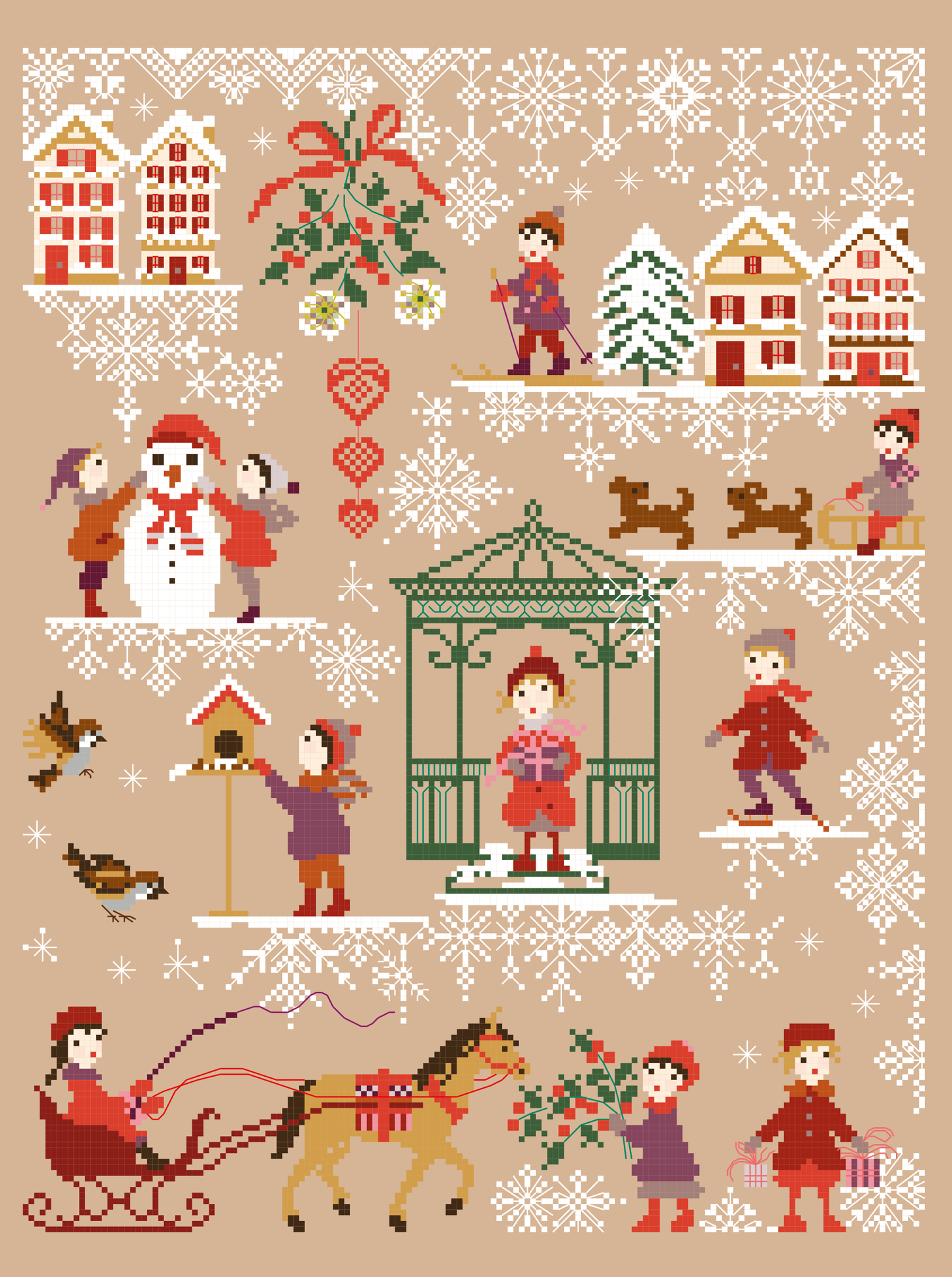 Grille inédite broderie point de croix : Le kiosque de Noël par Perrette Samouiloff. 160×230 pts, point de croix, ¾ de point, point de piquûre. Toile blanche ou claire.