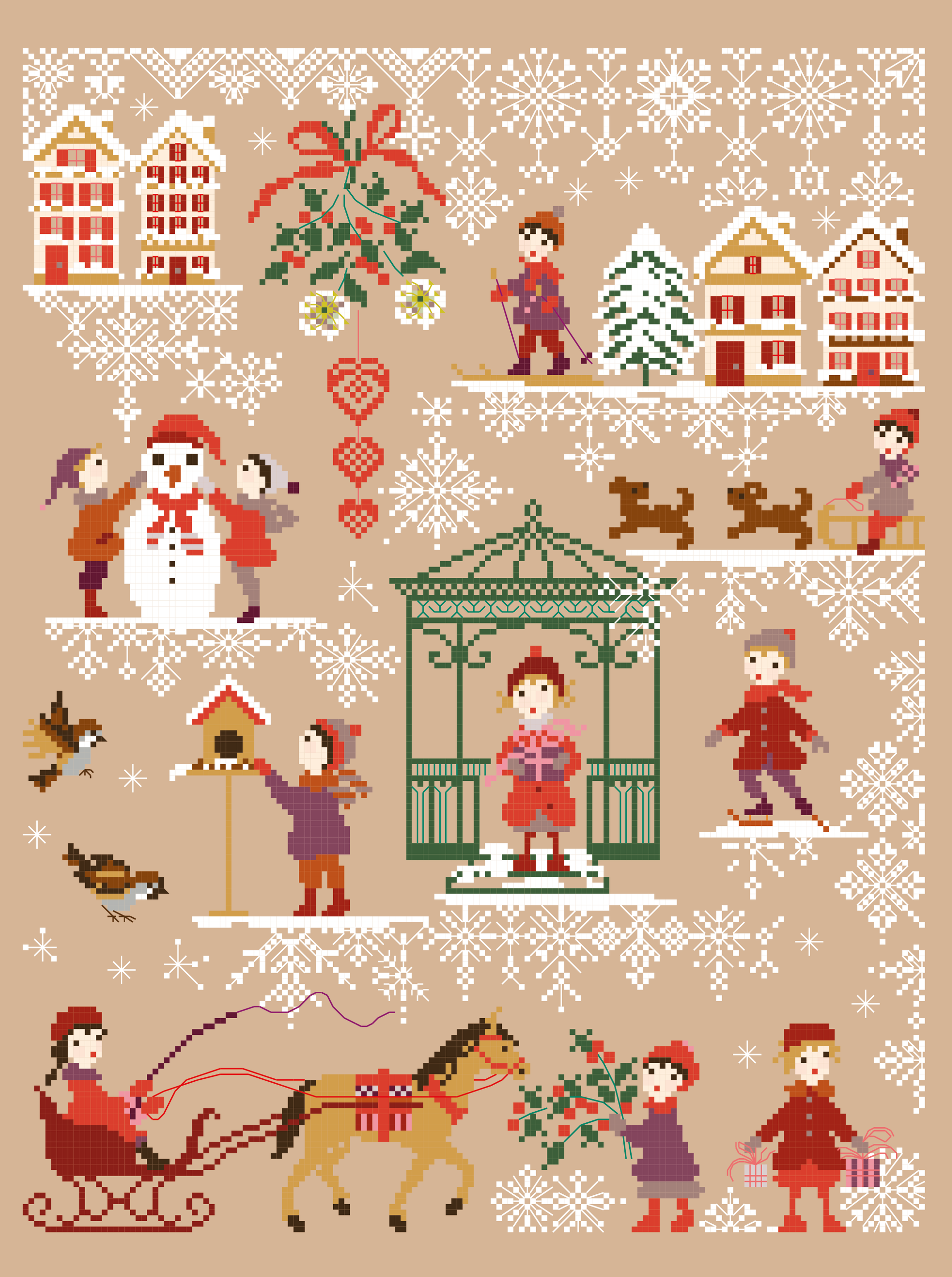 Grille inédite broderie point de croix : Le kiosque de Noël par Perrette Samouiloff. 160×230 pts, point de croix, ¾ de point, point de piquûre. Toile blanche ou claire.