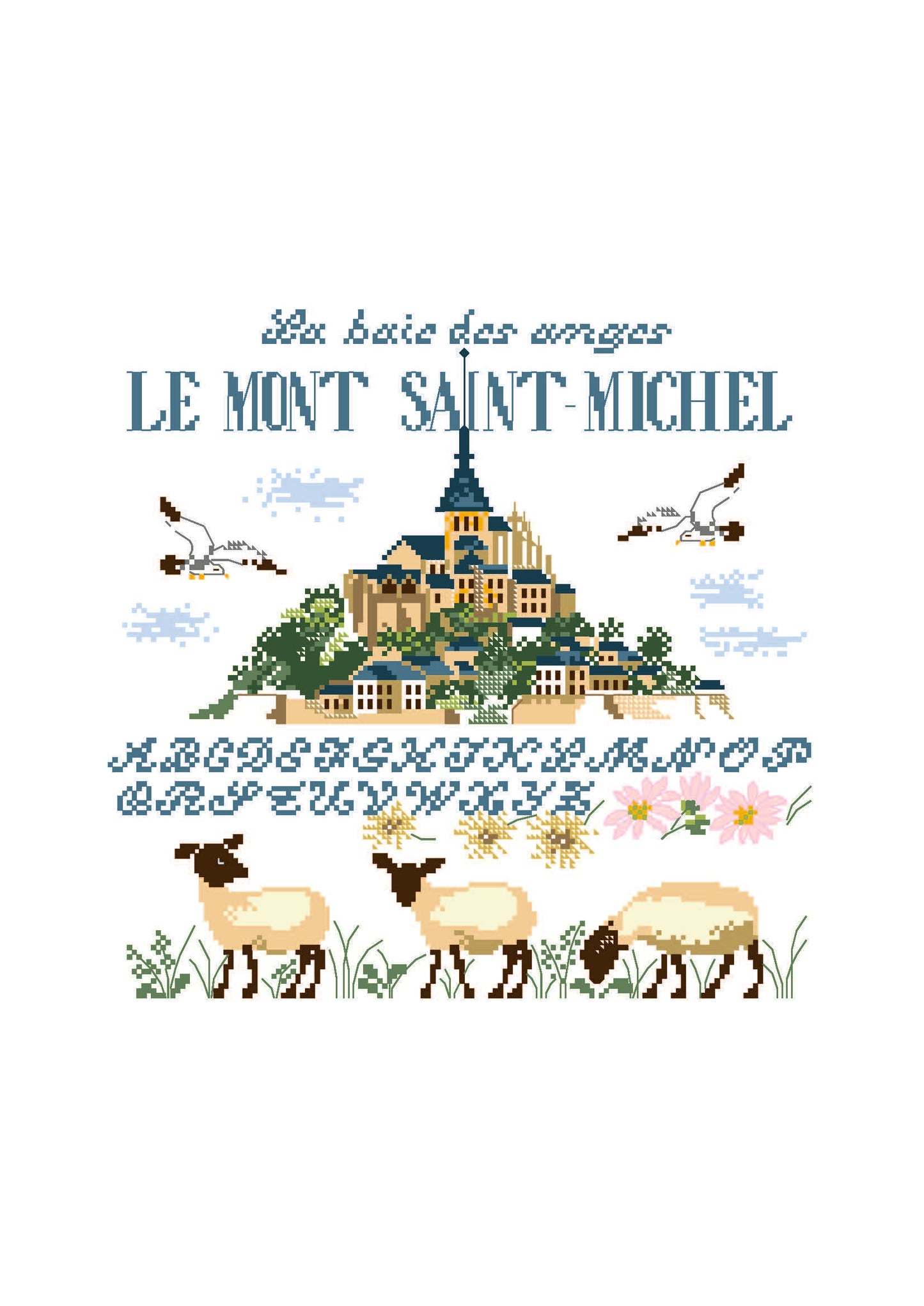 Grille point de croix représentant le Mont Saint-Michel avec moutons des prés salés et mouettes. Création de Perrette Samouiloff. 146 x 143 points, point de croix 2 brins.