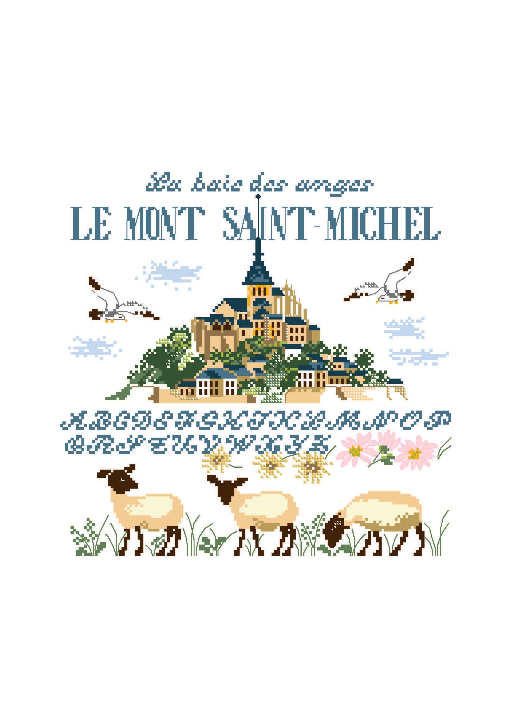 Grille point de croix représentant le Mont Saint-Michel avec moutons des prés salés et mouettes. Création de Perrette Samouiloff. 146 x 143 points, point de croix 2 brins.
