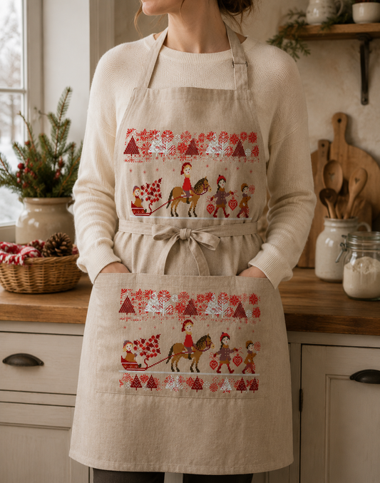 Grille point de croix de Perrette Samouïloff : traîneau enchanté avec cheval, enfants et flocons, 170x108 pts. Broderie de Noël poétique sur toile bis.