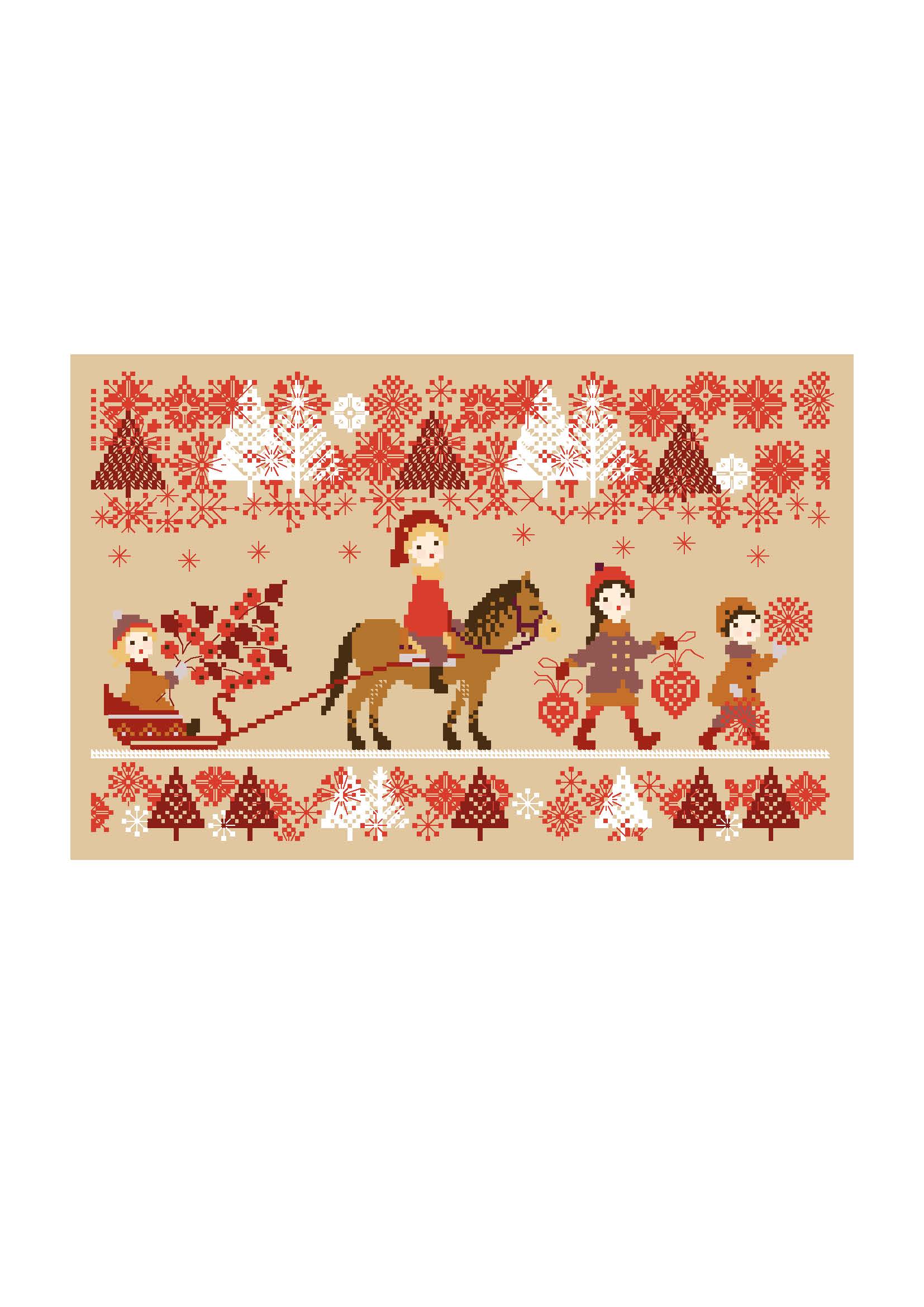 Grille point de croix de Perrette Samouïloff : traîneau enchanté avec cheval, enfants et flocons, 170x108 pts. Broderie de Noël poétique sur toile bis.
