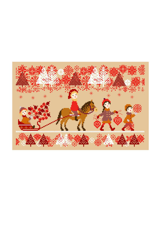 Grille point de croix de Perrette Samouïloff : traîneau enchanté avec cheval, enfants et flocons, 170x108 pts. Broderie de Noël poétique sur toile bis.