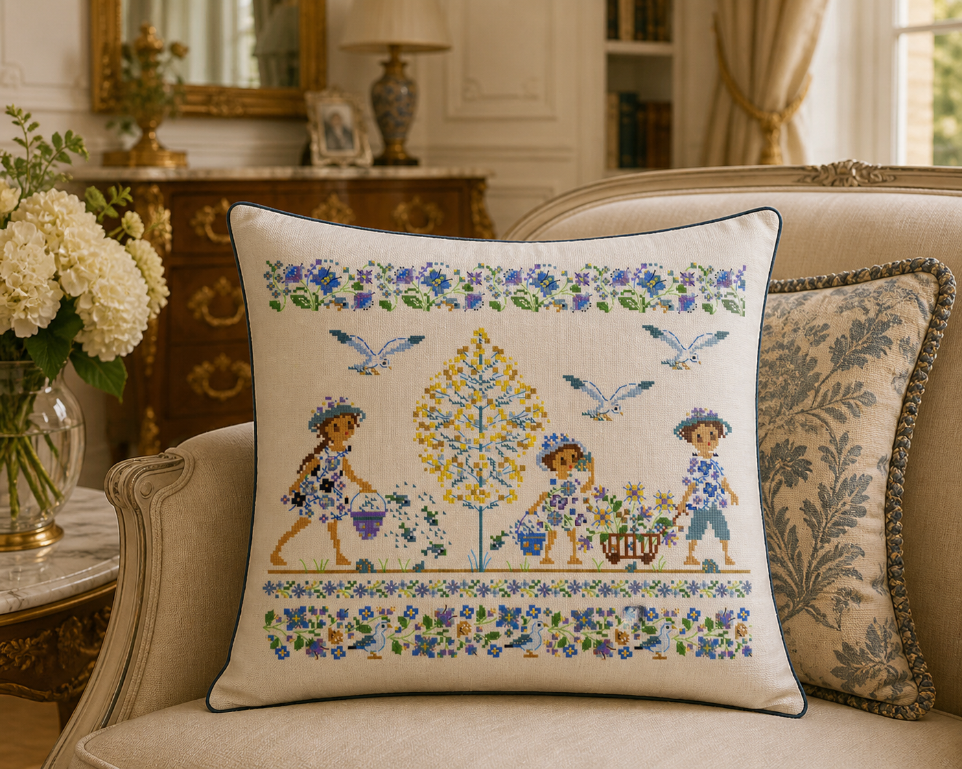 Grille point de croix représentant des enfants au jardin dans un esprit Liberty : fleurs, oiseaux et arbre lumineux. Création de Perrette Samouiloff. 180 x 151 points.