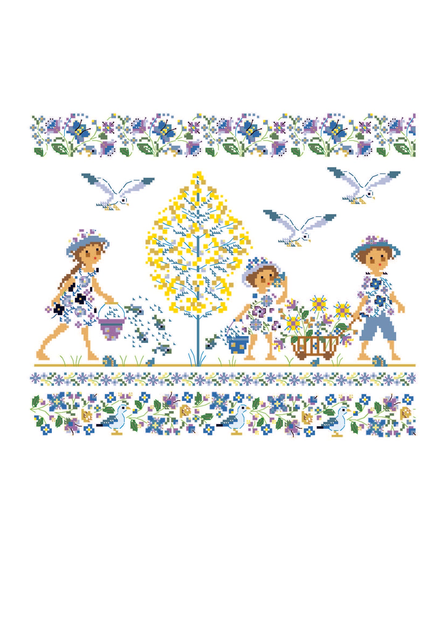 Grille point de croix représentant des enfants au jardin dans un esprit Liberty : fleurs, oiseaux et arbre lumineux. Création de Perrette Samouiloff. 180 x 151 points.