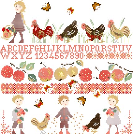 Grille de point de croix automnale de Perrette Samoüïloff : poules, enfants, alphabet et frises. 140x143 pts, sur toile blanche ou claire.