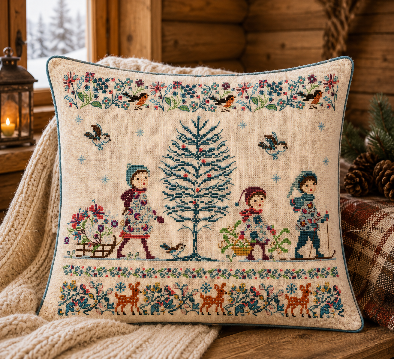 Grille point de croix Liberty d'Hiver : broderie poétique et délicate. 180x150 pts. Création Perrette Samouïloff, motifs hivernaux Liberty.