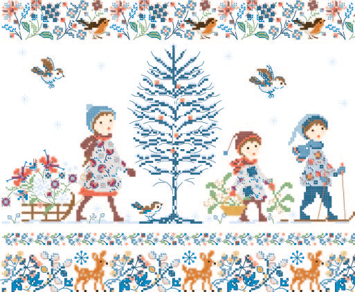 Grille point de croix Liberty d'Hiver : broderie poétique et délicate. 180x150 pts. Création Perrette Samouïloff, motifs hivernaux Liberty.
