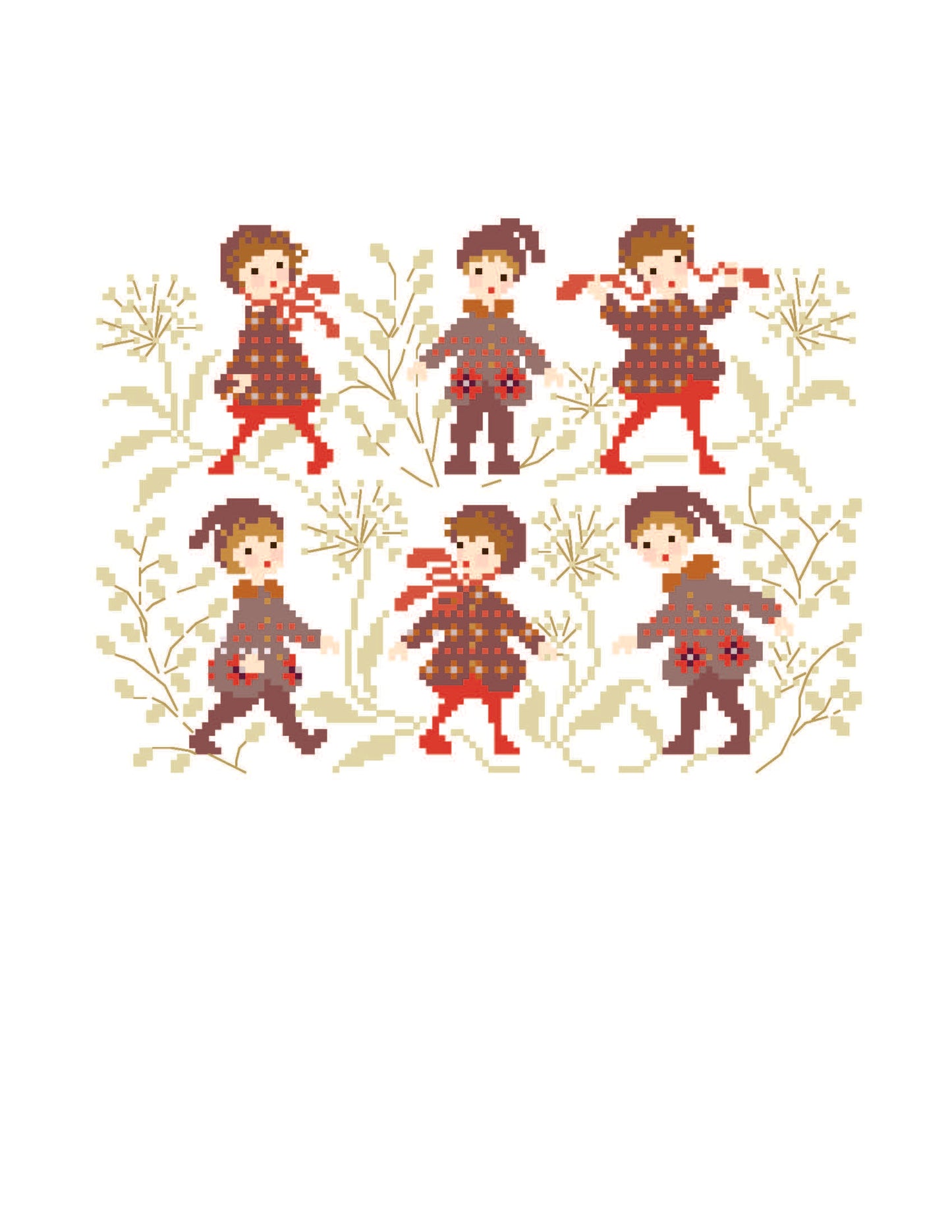 Grille point de croix hiver : enfants en manteaux jacquard rouge. 124x89 pts. Motif rétro et chaleureux signé Perrette Samouïloff.