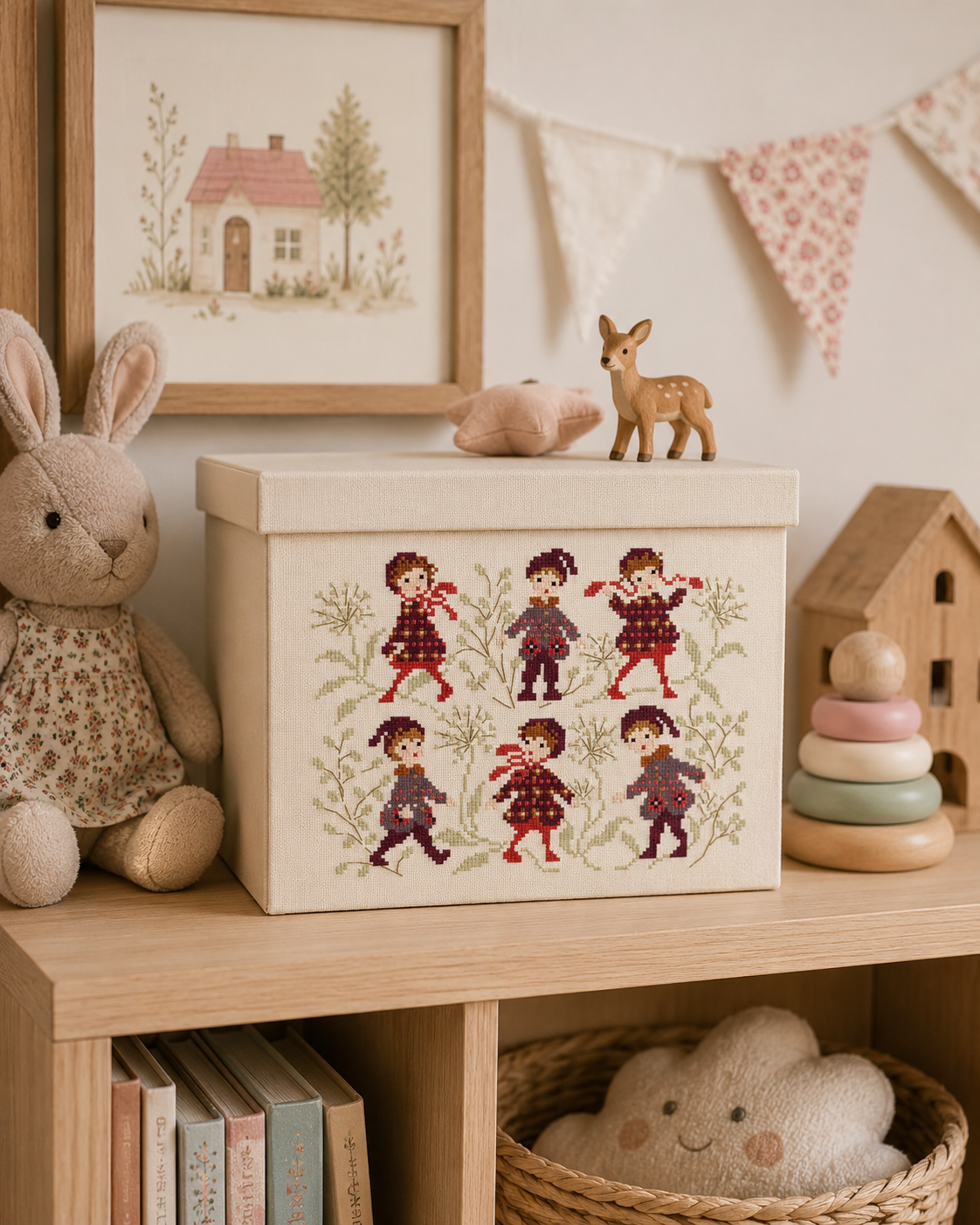 Grille point de croix hiver : enfants en manteaux jacquard rouge. 124x89 pts. Motif rétro et chaleureux signé Perrette Samouïloff.