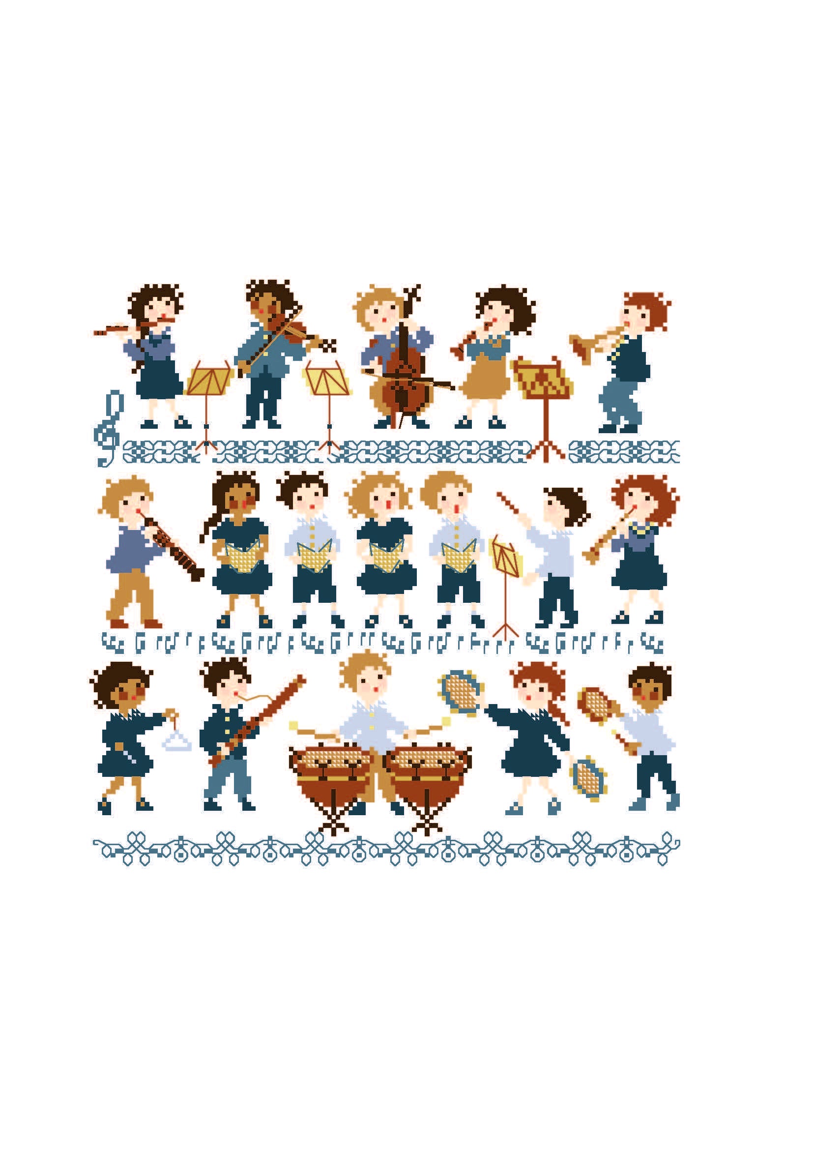 Grille de point de croix "Mes musiciens" de Perrette Samouïloff. 139 x 138 points, orchestre d'enfants aux couleurs douces. Idéale pour une chambre d'enfant ou décoration musicale.