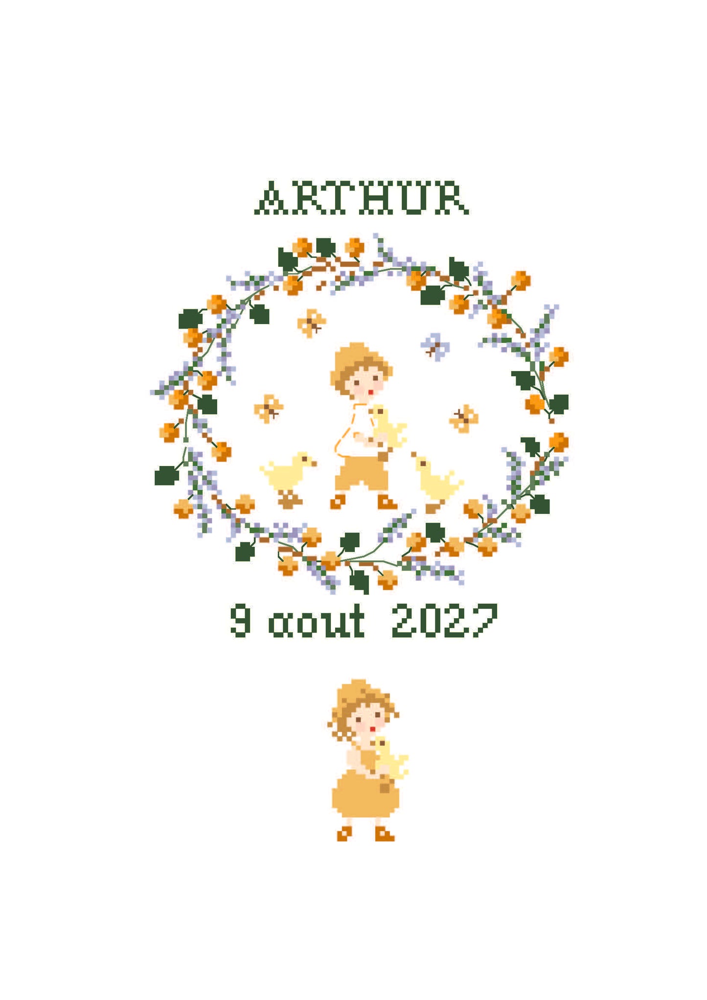 Grille point de croix Naissance Août avec abécédaire de Perrette Samouïloff. 88x102 points, techniques croix 2 brins et point de piqûre. À broder sur toile blanche.
