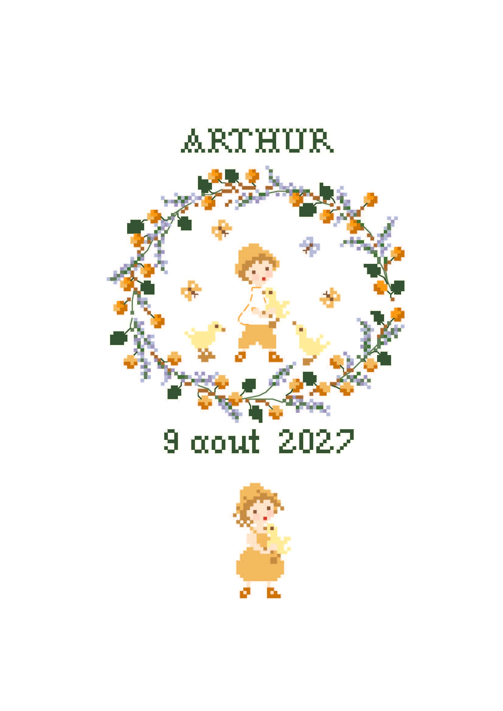 Grille point de croix Naissance Août avec abécédaire de Perrette Samouïloff. 88x102 points, techniques croix 2 brins et point de piqûre. À broder sur toile blanche.