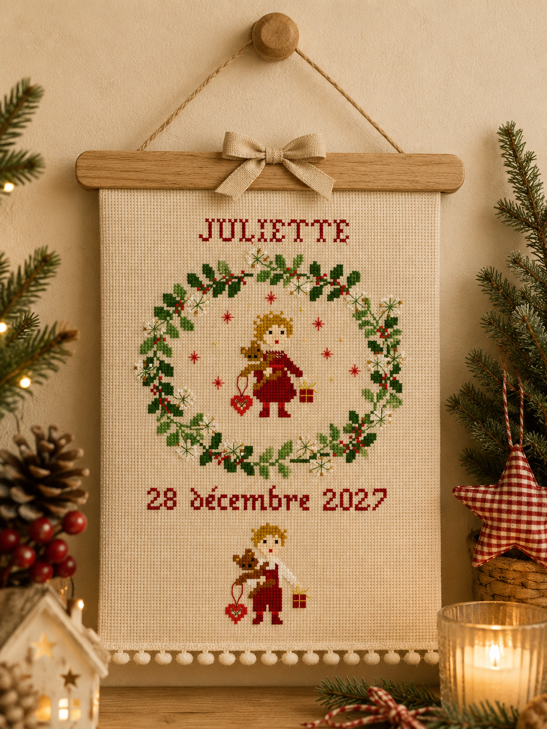 Grille point de croix Naissance Décembre avec abécédaire de Perrette Samouïloff. 88x96 points, techniques croix 2 brins et point de piqûre. À broder sur toile bis.