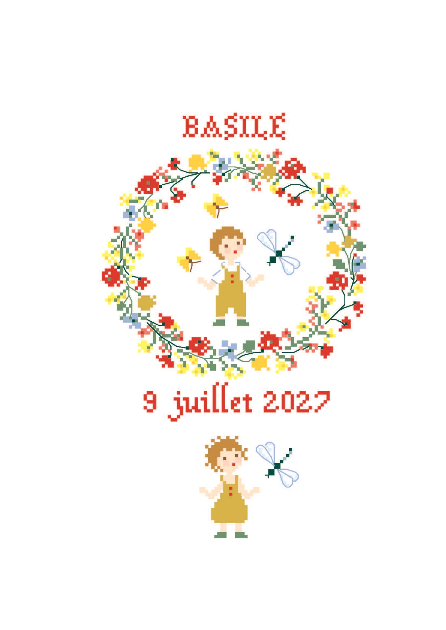 Grille point de croix Naissance Juillet avec abécédaire de Perrette Samouïloff. 88x102 points, techniques croix 2 brins et point de piqûre. À broder sur toile blanche.