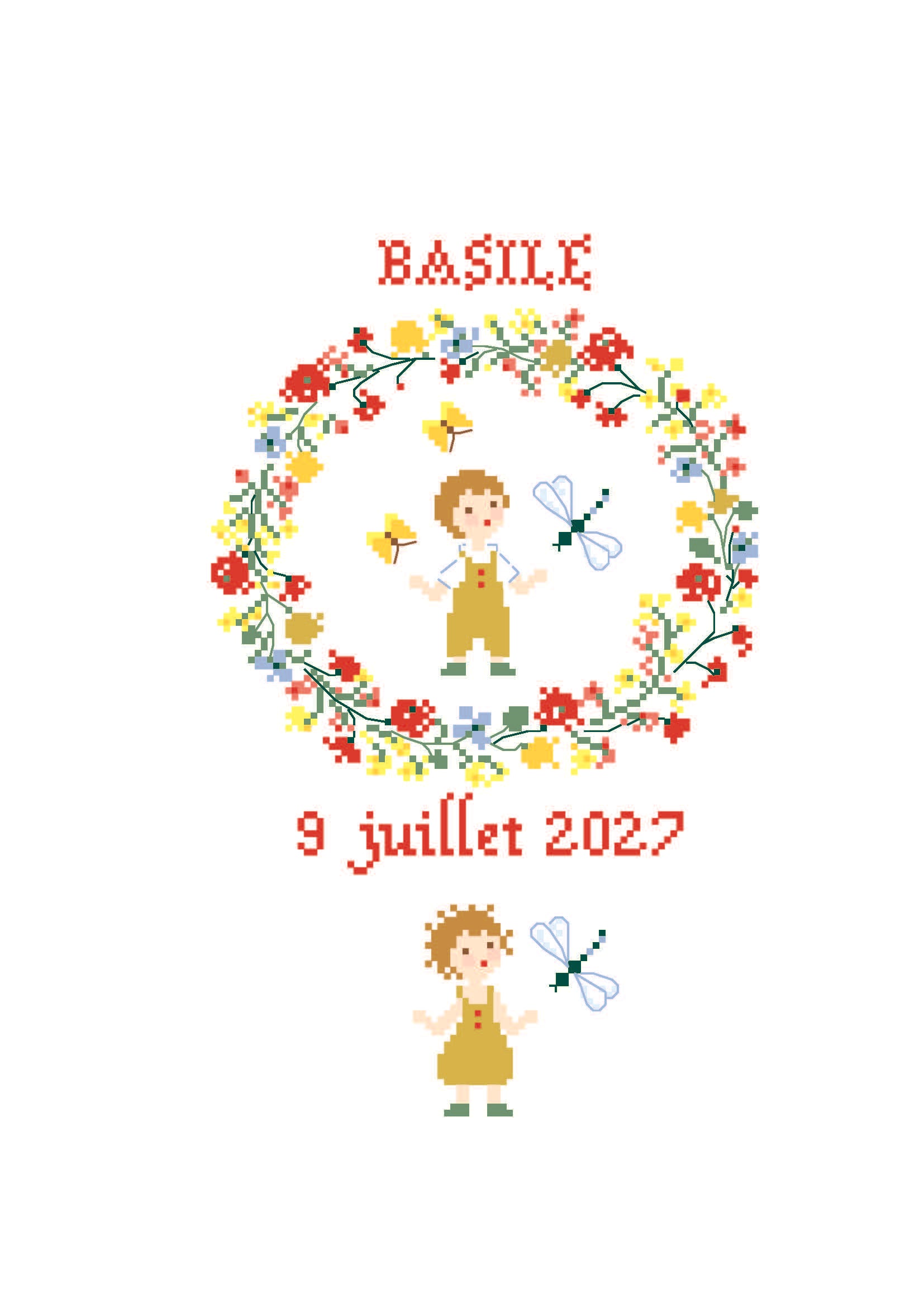 Grille point de croix Naissance Juillet avec abécédaire de Perrette Samouïloff. 88x102 points, techniques croix 2 brins et point de piqûre. À broder sur toile blanche.