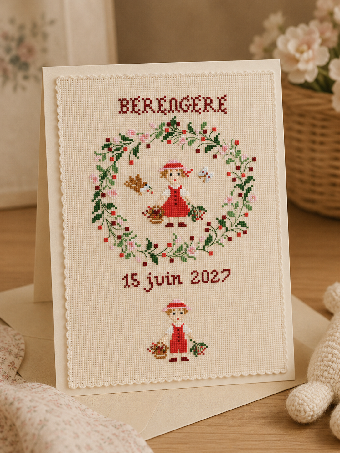 Grille point de croix Naissance Juin avec abécédaire de Perrette Samouïloff. 88x102 points, techniques croix 2 brins et point de piqûre. À broder sur toile bis.