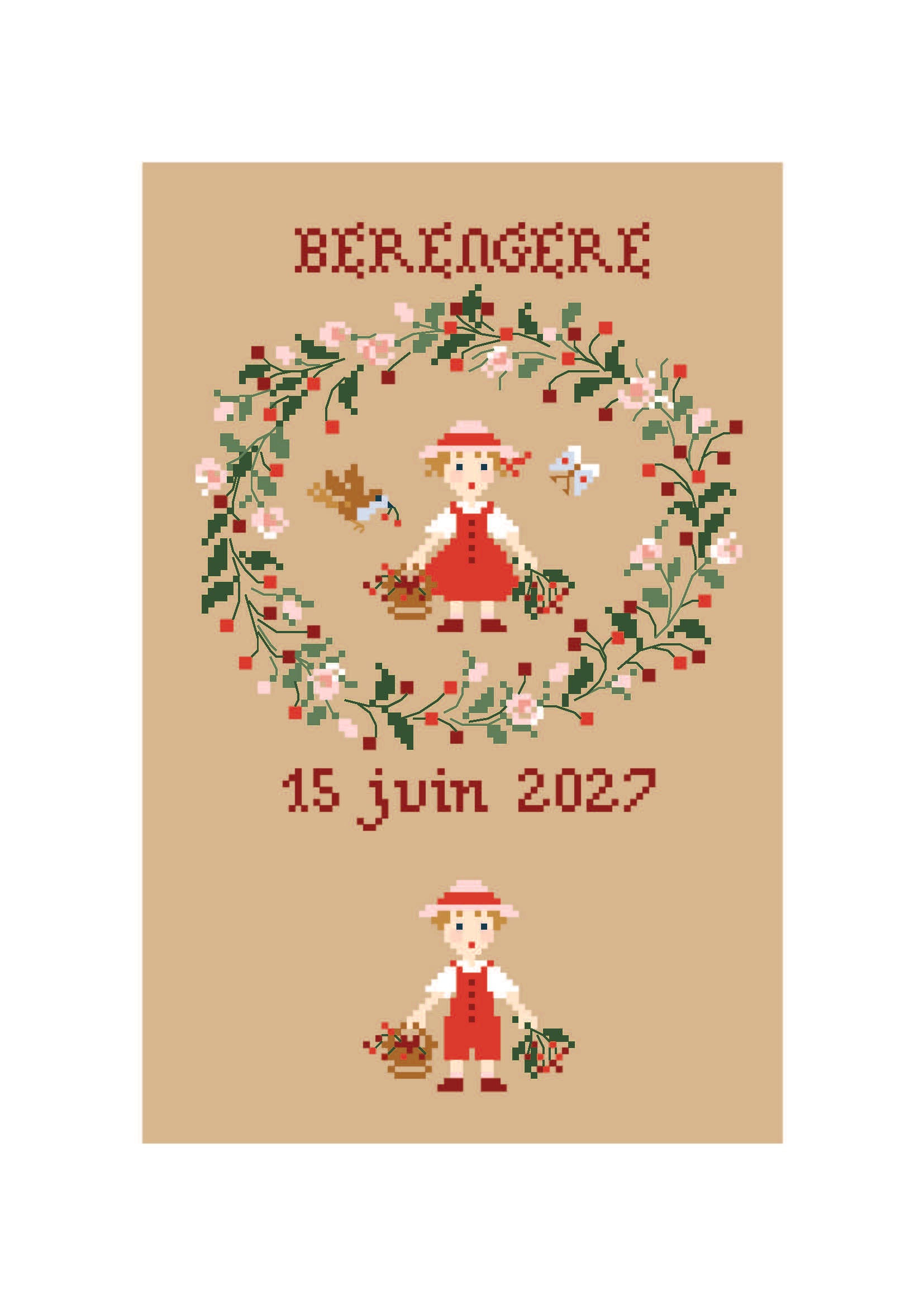 Grille point de croix Naissance Juin avec abécédaire de Perrette Samouïloff. 88x102 points, techniques croix 2 brins et point de piqûre. À broder sur toile bis.
