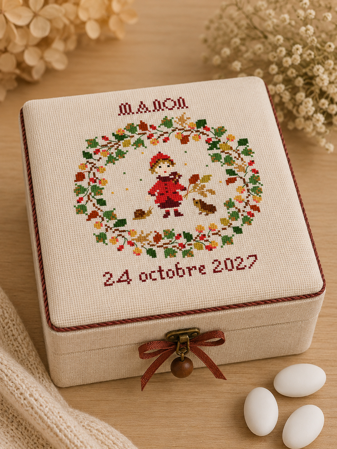 Grille point de croix Naissance Octobre avec abécédaire de Perrette Samouïloff. 89x99 points, techniques croix 2 brins et point de piqûre. À broder sur toile blanche.