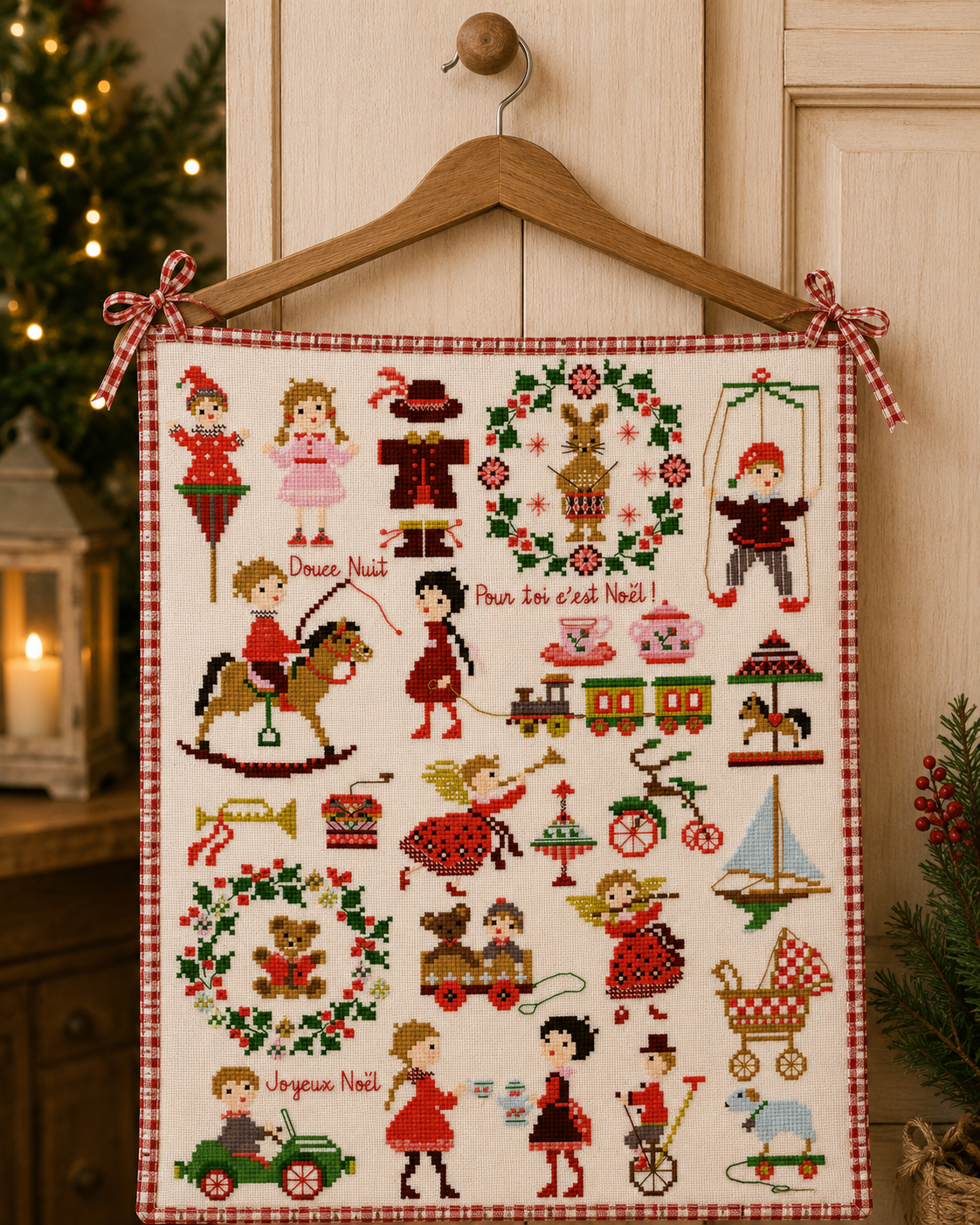 Grille point de croix Noël : petits jouets et enfant sage. 150x190 pts. Planche de motifs festifs signée Perrette Samouïloff.
