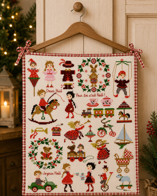 Grille point de croix Noël : petits jouets et enfant sage. 150x190 pts. Planche de motifs festifs signée Perrette Samouïloff.