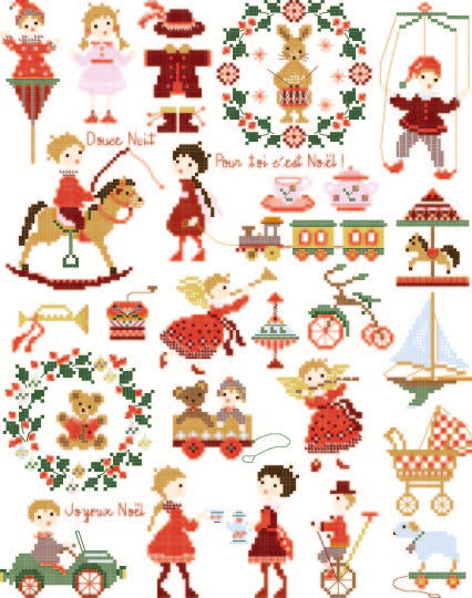 Grille point de croix Noël : petits jouets et enfant sage. 150x190 pts. Planche de motifs festifs signée Perrette Samouïloff.